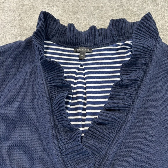 Talbots Blue Ruffle Cardigan Womens Medium Tie Waist Lined Pockets Cotton Blend - Picture 3 of 12